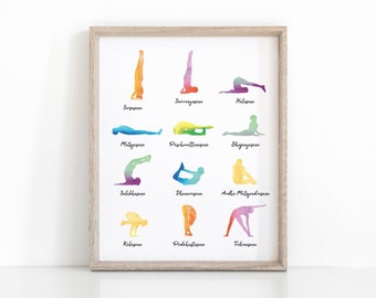 12 basishoudingen Yoga Print, Yoga Asana Poster, Yoga Cadeau, Meditatie Instant Download Afdrukbaar, Yoga Flow, Yoga Kunst, Chakra Kunst, Yoga Studio