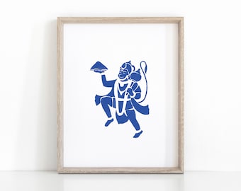 Indigo Hanuman print, instant download hindoekunst, yoga wanddecoratie