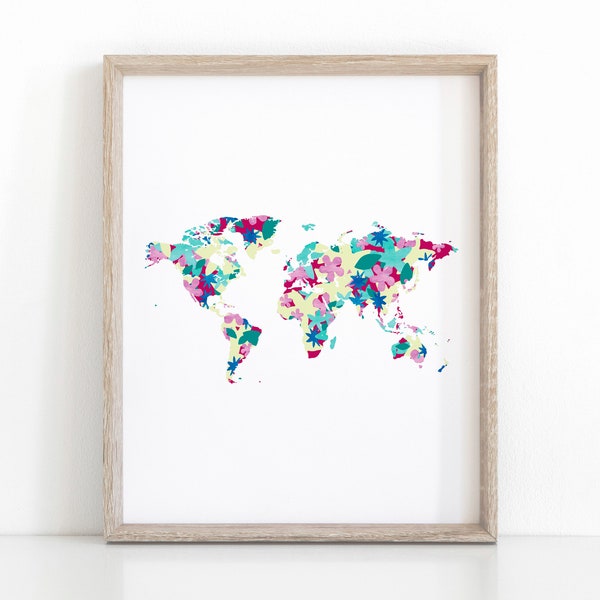 Floral World Map Printable Wall Art