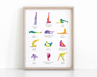 12 posturas de yoga con nombres en inglés y sánscrito, impresión de yoga, cartel de asanas de yoga, secuencia de yoga
