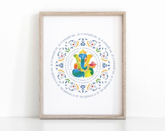 Arte mural de Ganesha con mantra sánscrito, regalo de yoga imprimible, impresión artística hindú