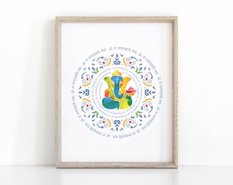 Ganesha kunst aan de muur met Sanskriet mantra, afdrukbare yoga cadeau, hindoe kunstprint