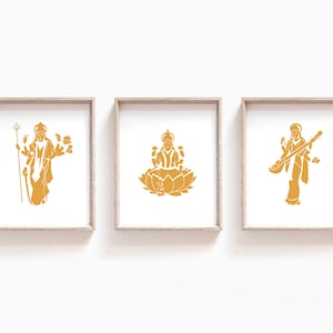 Oker Durga, Lakshmi en Saraswati Godin Print Set, Instant Dowload Hindoekunst