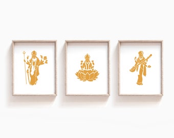 Oker Durga, Lakshmi en Saraswati Godin Print Set, Instant Dowload Hindoekunst