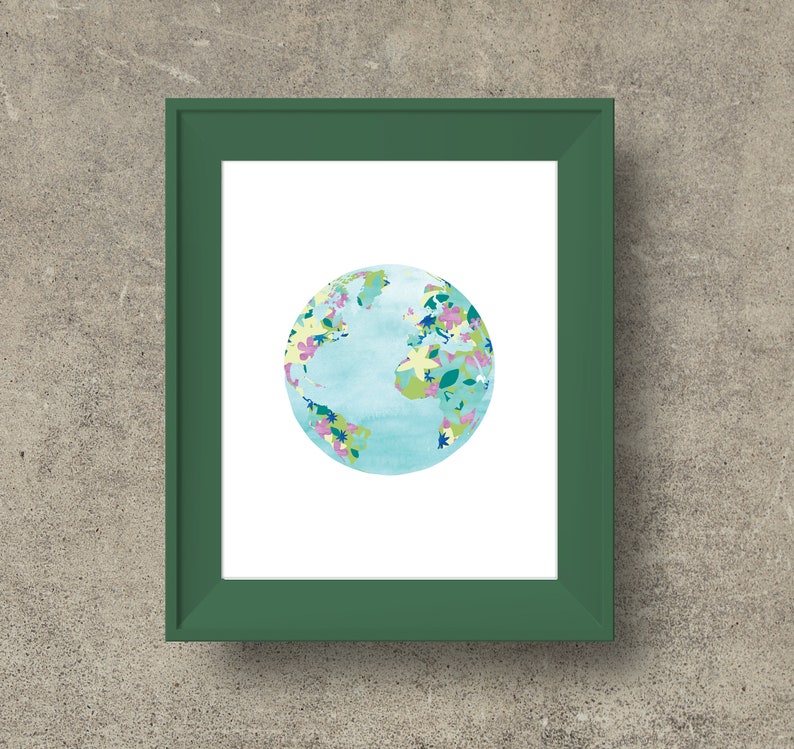 Cartel floral del planeta Tierra, decoración del hogar imprimible, descarga instantánea de impresión del mapa mundial imagen 2