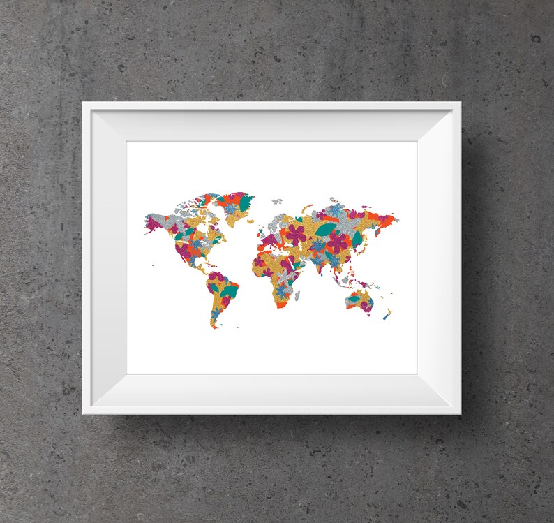 Floral World Map Print, Instant Download Boho Wall Art image 2