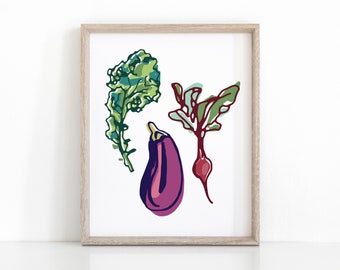 Happy Veggies Kitchen Wall Art, Printable Vegetable Illustration