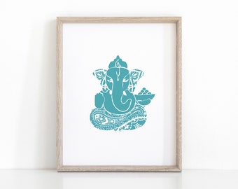 Teal Ganesha Hindu Art Print, Instant Download Yoga Poster
