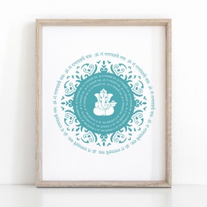 Hindu Art Print of Ganesha Mandala with Sanskrit Mantra, Instant Download Yoga Poster