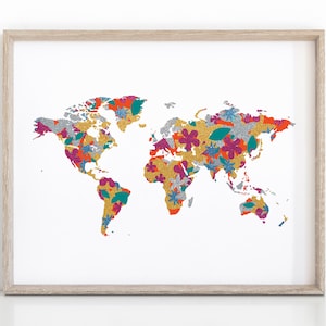 Floral World Map Print, Instant Download Boho Wall Art image 1