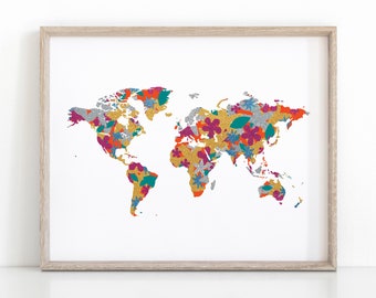 Floral World Map Print, Instant Download Boho Wall Art