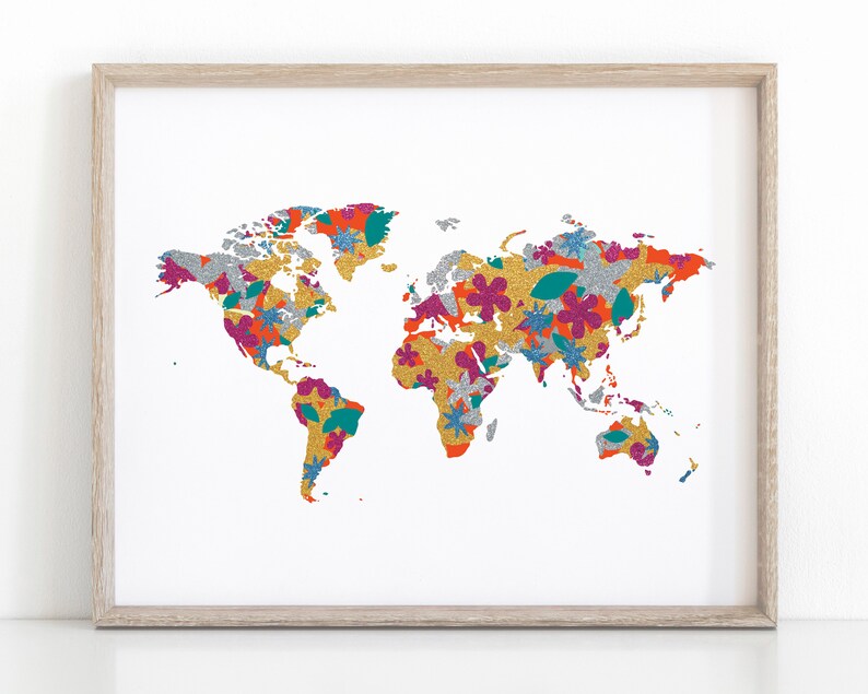 Floral World Map Print, Instant Download Boho Wall Art image 1