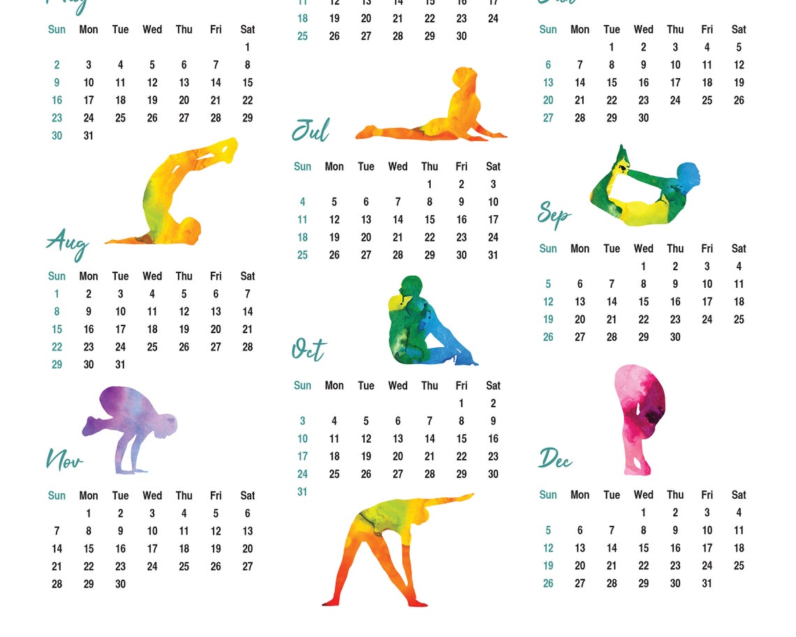 Yoga Poses 2021 Wall Calendar Printable Annual Planner | Etsy