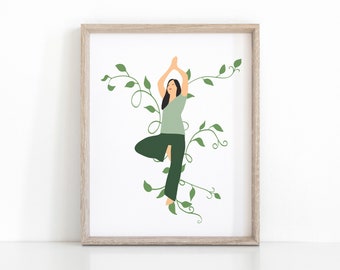 Tree pose yoga poster, Yoga gift, Meditation wall art, Yoga Instant Download printable, Yoga Art, Floral yoga print, Minimalist home decor