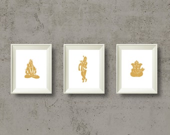 Oker Shiva, Krishna en Ganesha poster set, meditatie print, yoga cadeau, yoga kunst, spirituele wand decor, hindoegoden, afdrukbare download