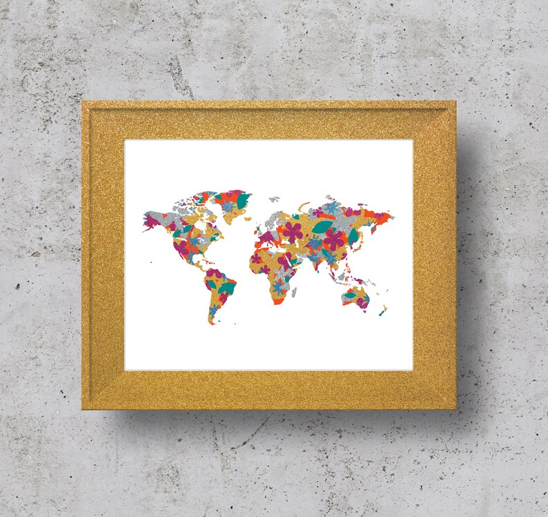 Floral World Map Print, Instant Download Boho Wall Art image 3