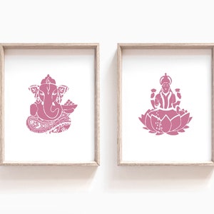 Pink Ganesha and Lakshmi Print, Instant Download Meditation Poster, Traditional Hindu Wall Art