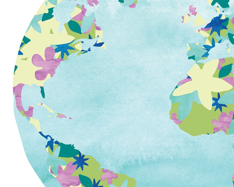 Cartel floral del planeta Tierra, decoración del hogar imprimible, descarga instantánea de impresión del mapa mundial imagen 4