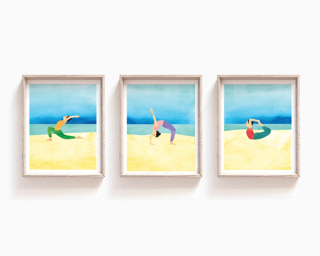 3 Prints Beach Yoga Poster Set, Printable Yoga Poses Wall Art - Etsy