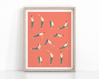 Cartel de yoga de saludo al sol, Asana de yoga de color coral imprimible
