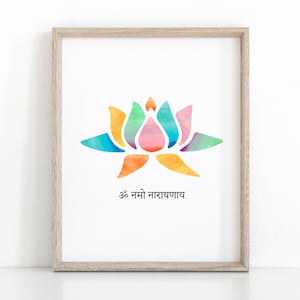 May include: A watercolor painting of a colorful lotus flower with the Sanskrit text "Om Namah Narayana" below it.