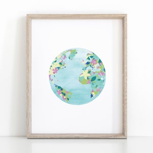 Cartel floral del planeta Tierra, decoración del hogar imprimible, descarga instantánea de impresión del mapa mundial imagen 1