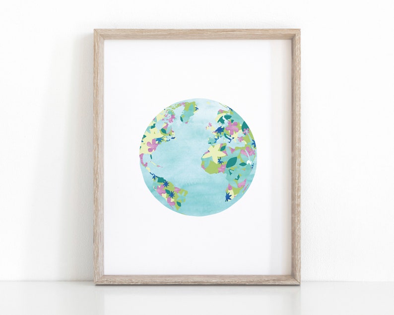 Cartel floral del planeta Tierra, decoración del hogar imprimible, descarga instantánea de impresión del mapa mundial imagen 1