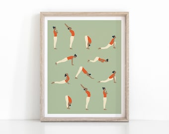 Groene Zonnegroet Yoga Poster, Instant Download Asana Print