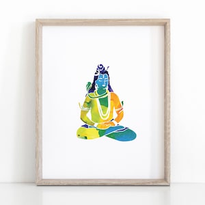Impresión colorida de yoga del Señor Shiva, póster de meditación de descarga instantánea