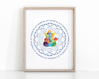 Ganesha print met Sanskriet mantra, instant download meditatie kunst, hindoe kunst aan de muur