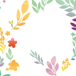 May include: A watercolor illustration of a floral wreath with a white background. The wreath is made up of green, purple, orange, and yellow flowers and leaves.