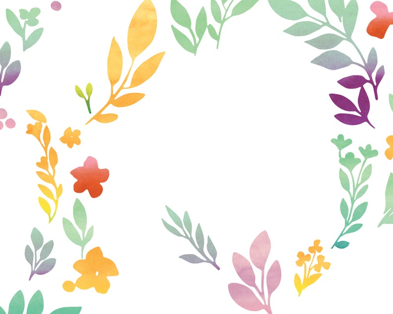May include: A watercolor illustration of a floral wreath with a white background. The wreath is made up of green, purple, orange, and yellow flowers and leaves.