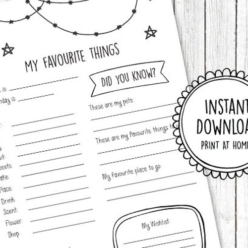 Printable Favorite Things Form - Etsy