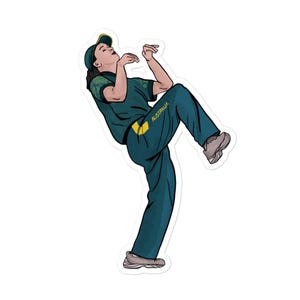 May include: A cartoon illustration of a cricket player wearing a green and gold uniform with the word "AUSTRALIA" on the leg. The player is in mid-throw, with their right leg raised and their left arm extended.