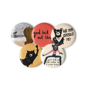 Fantástico conjunto de 5 botones de Mr Fox / Buena suerte ahí fuera / ¿Me estás maldiciendo? / Rata psicótica / Puño de lobo solidario / Wes Anderson