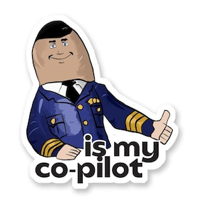 May include: A cartoon illustration of a person with a brown head and a blue pilot uniform with gold accents. The person is giving a thumbs up and the text "is my co-pilot" is below the person.