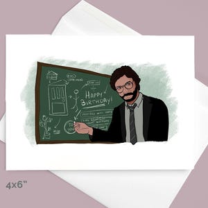 Der Professor aus dem Haus des Geldes hat ein Plan für Ihren Geburtstag | Lustige Karte Inspiriert von TV-Serie | Chalkboard Elaborate Plan