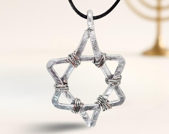 Star of David Necklace, Protective Amulet Jewelry on Adjustable Black Cord, Made in Israel,  Hammered Aluminum Pendant, Jewish Judaica Gift
