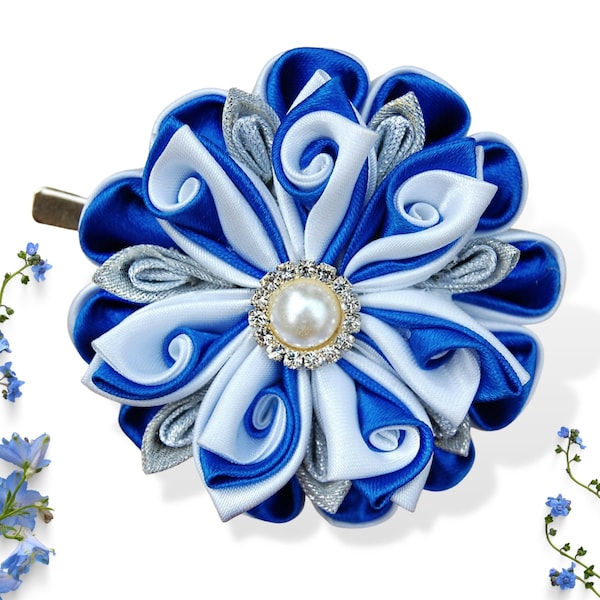 Blue and White Floral Hair Clip – Elegant Wedding Hairpiece, Kanzashi Flower