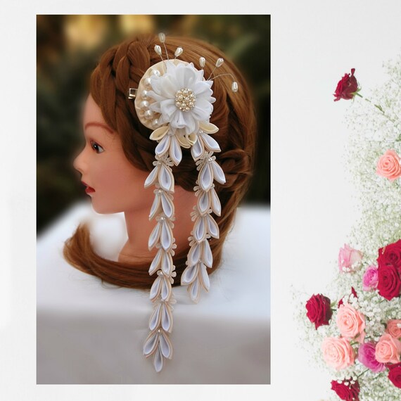 White Wedding Floral Hair Clip With Falls White Fabric Etsy