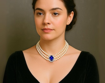 3-Strand Synthetic Pearl Choker Necklace with Blue Crystal Center – Royalcore Victorian Style, Diana-Inspired Statement Jewelry Gift for Mom