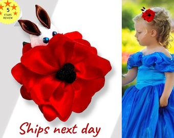 Poppy Hair Clip, Flower and Bunny Headpiece August Birth Flower Gift for Girl, Red Poppy Flower Hair Adornment