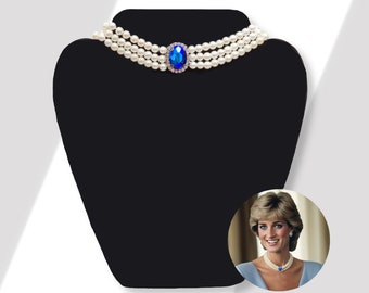 Classic Pearl Choker with Blue Crystal Pendant Diana- Inspired, Baroque  Synthetic Pearl Layered 3 Strands Necklace Collar Royalcore Jewelry