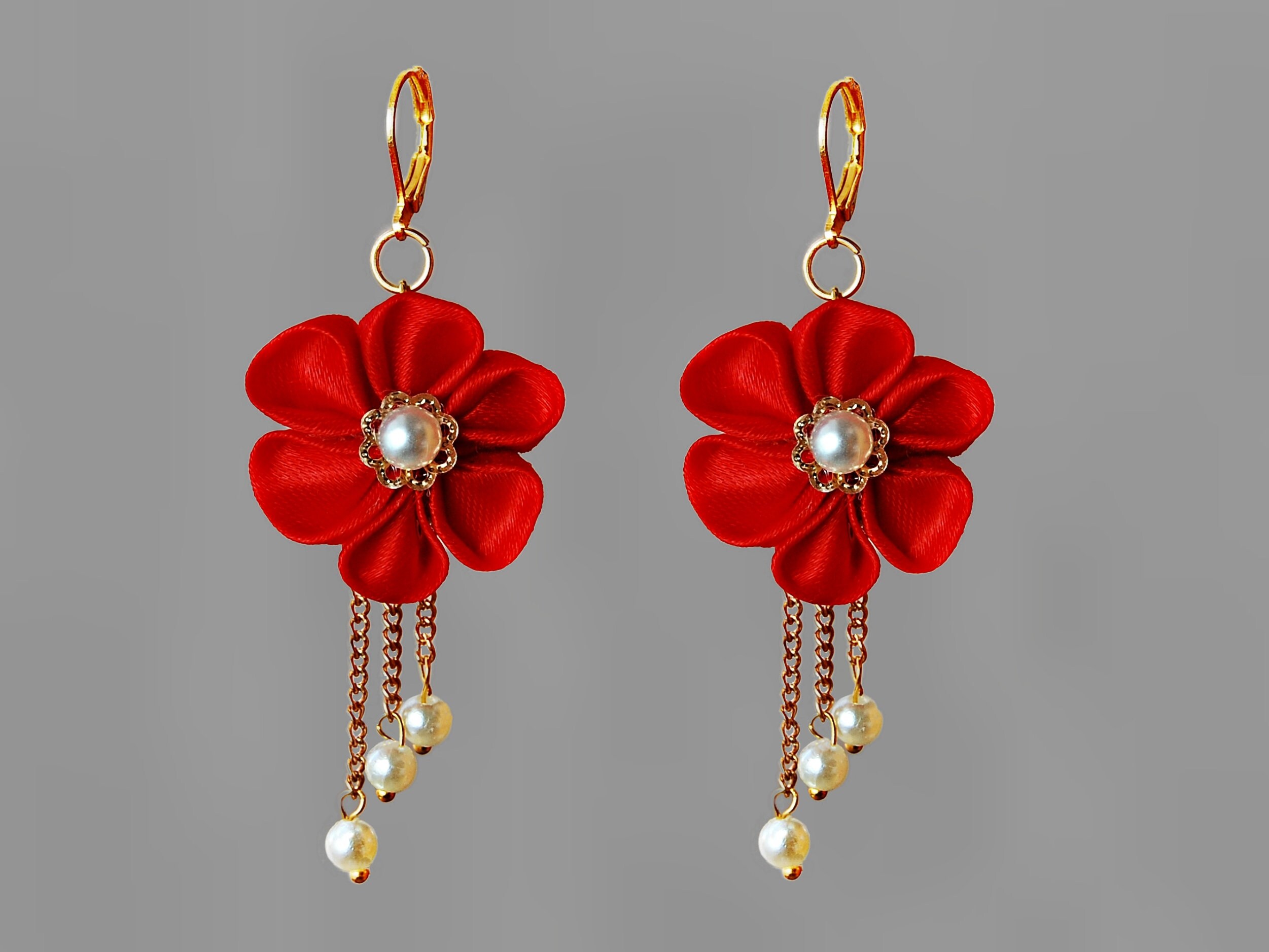 Red flower dangle earrings Long red earrings Gift for flower Etsy