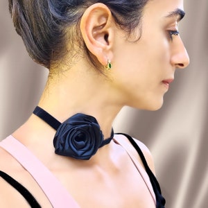Gothic Satin Rose Velvet Choker, Black Victorian Wedding Necklace, Halloween Cosplay Jewelry, Dark Bride Handmade Gift