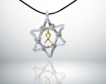 Modern Star of David Necklace with Yellow Awareness Ribbon, Hammered Aluminum Pendant on an Adjustable Black Cord – Symbolic Jewish Jewelry