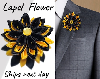 Black Yellow Men's Lapel Pin Gift for Groomsmen, Buttonhole Flower Brooch, Lapel Boutonniere and a Personalized Gift Card