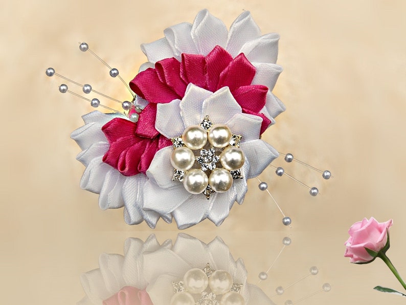Large fabric flower brooch Pink and white floral wedding Etsy
