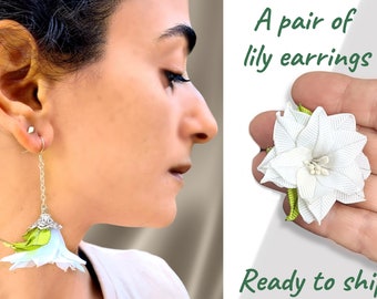 Lily Flower Earrings Long Dangle Silver Chain Floral Jewelry, Statement Fashion Earrings for Wedding, Birthday Gift for Daughter