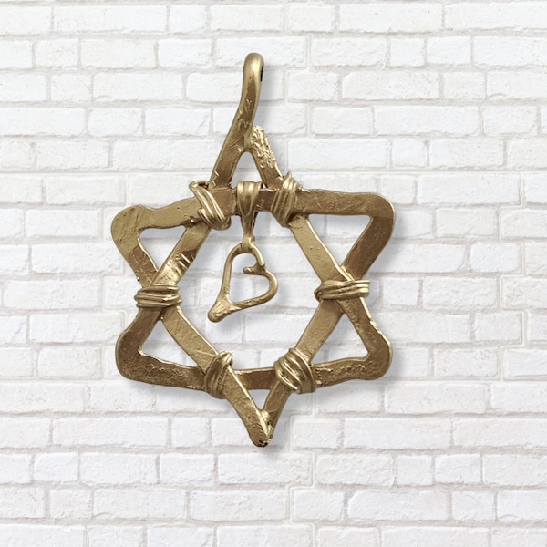 Modern Gold Star of David Necklace with Tiny Heart Pendant on Black Cord - Unique Statement Jewelry - Hammered Aluminum Shield of David